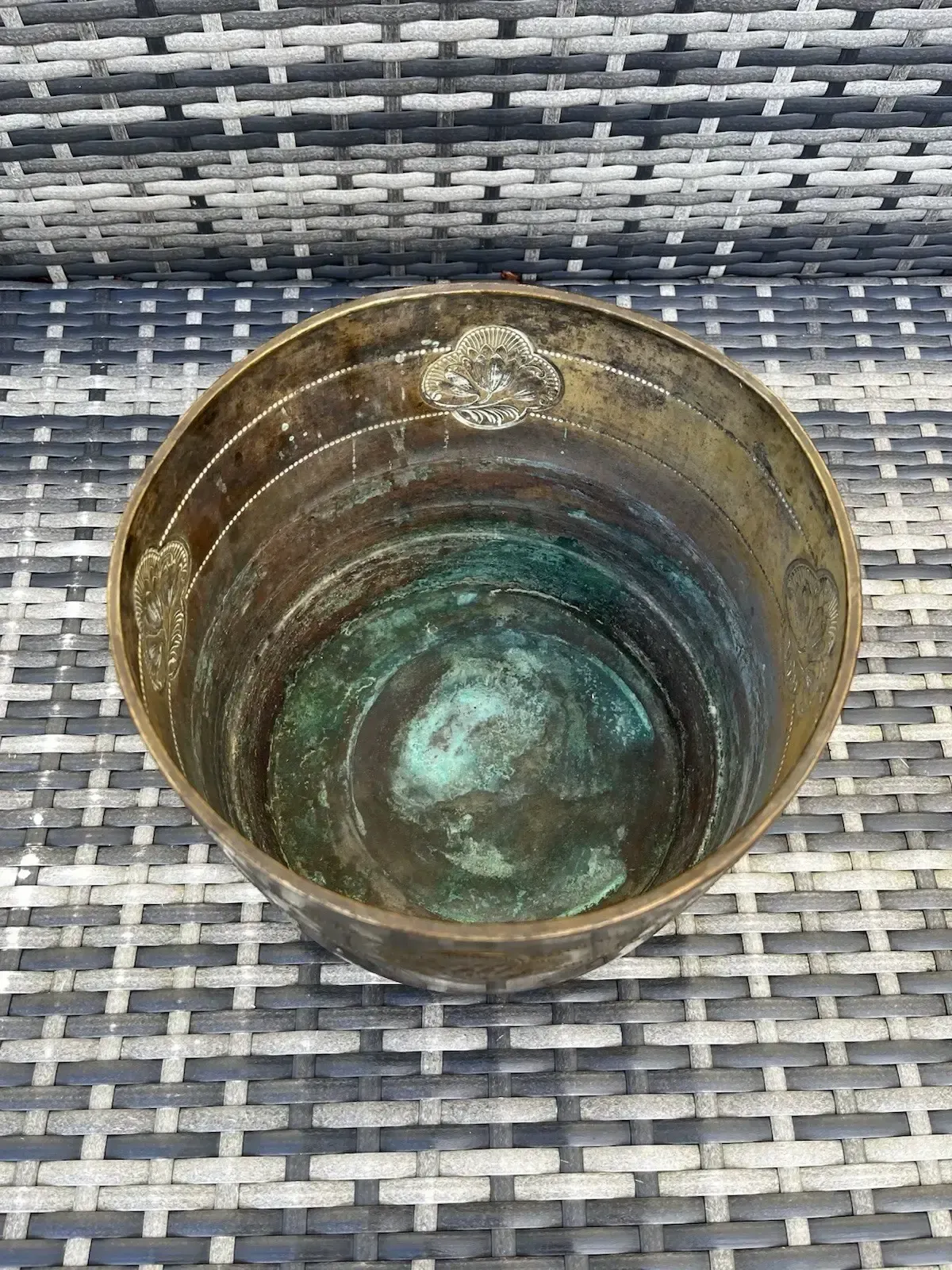 180.0 Antique Art Nouveau Lotus Flower Planished Brass Jardiniere Planter Plant Pot photo