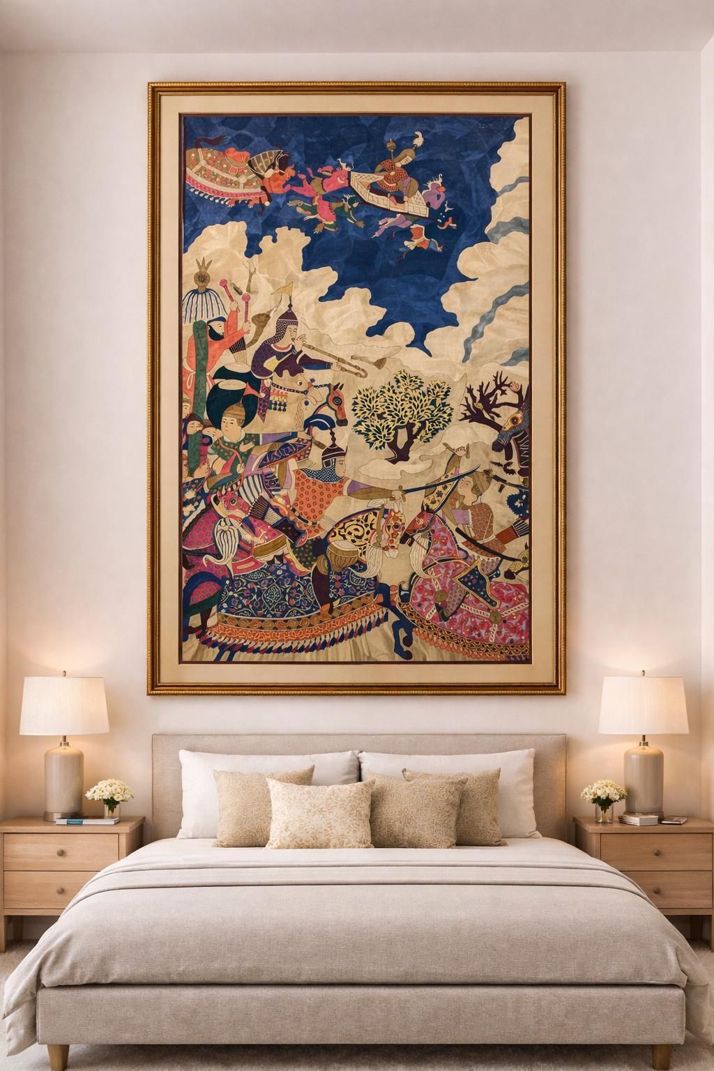 Hand Embroidered Mughal Battle Scene Wall Tapestry | Rare Vintage Indian Art| Eco Friendly Vegetable Dyes photo furniture