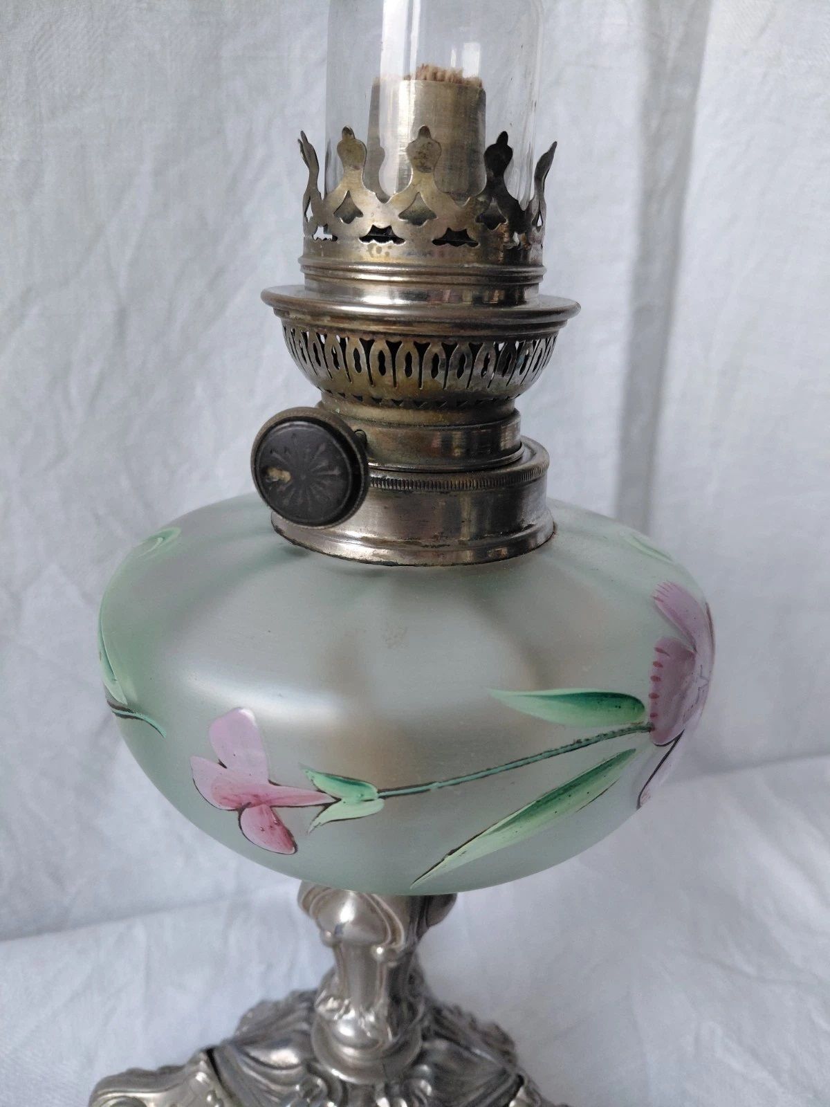Vintage French / Floral Hand Painted Glass/Cast Metal Base Oil Lamp photo for sale