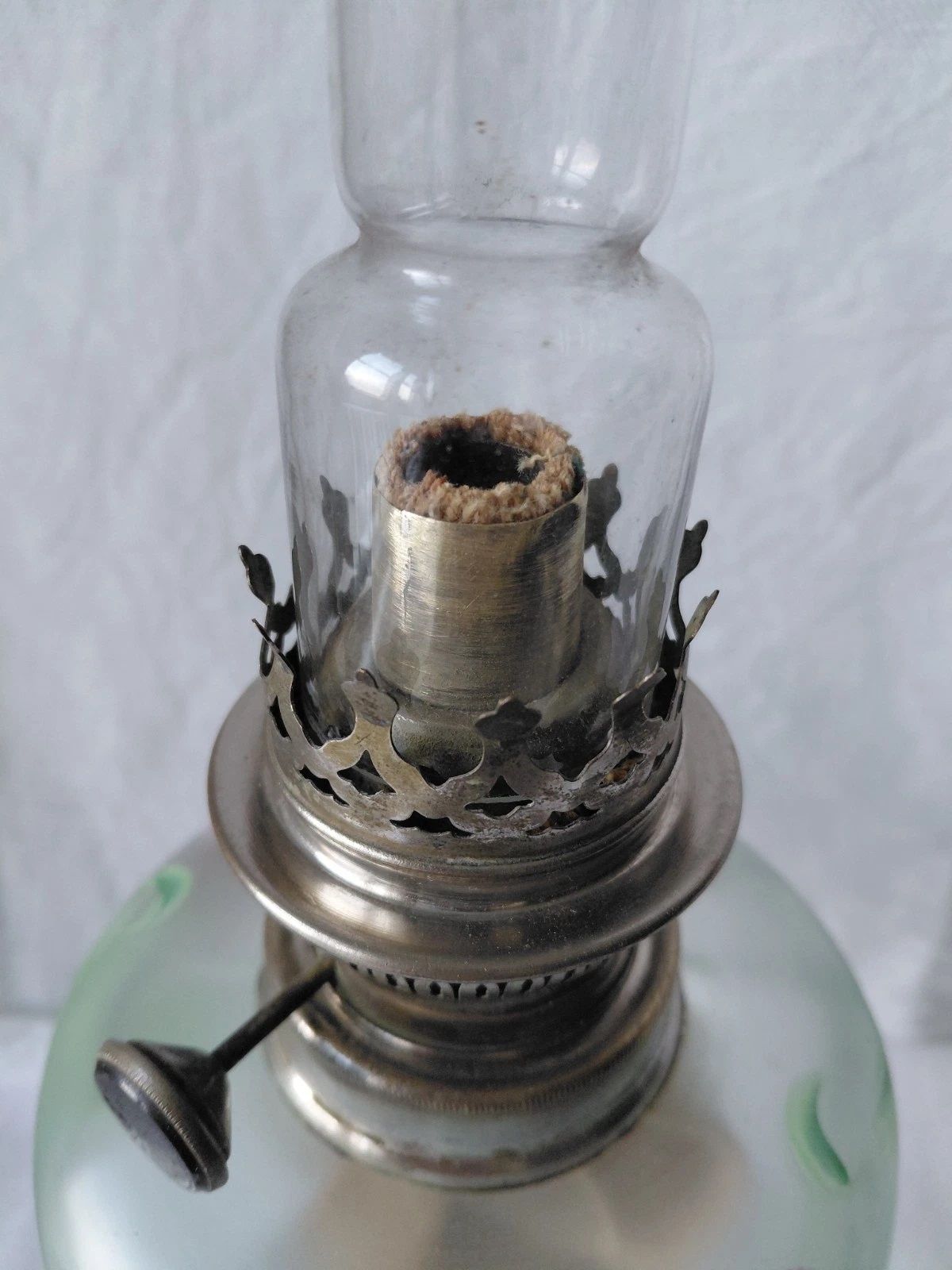 Vintage French / Floral Hand Painted Glass/Cast Metal Base Oil Lamp photo Lighting