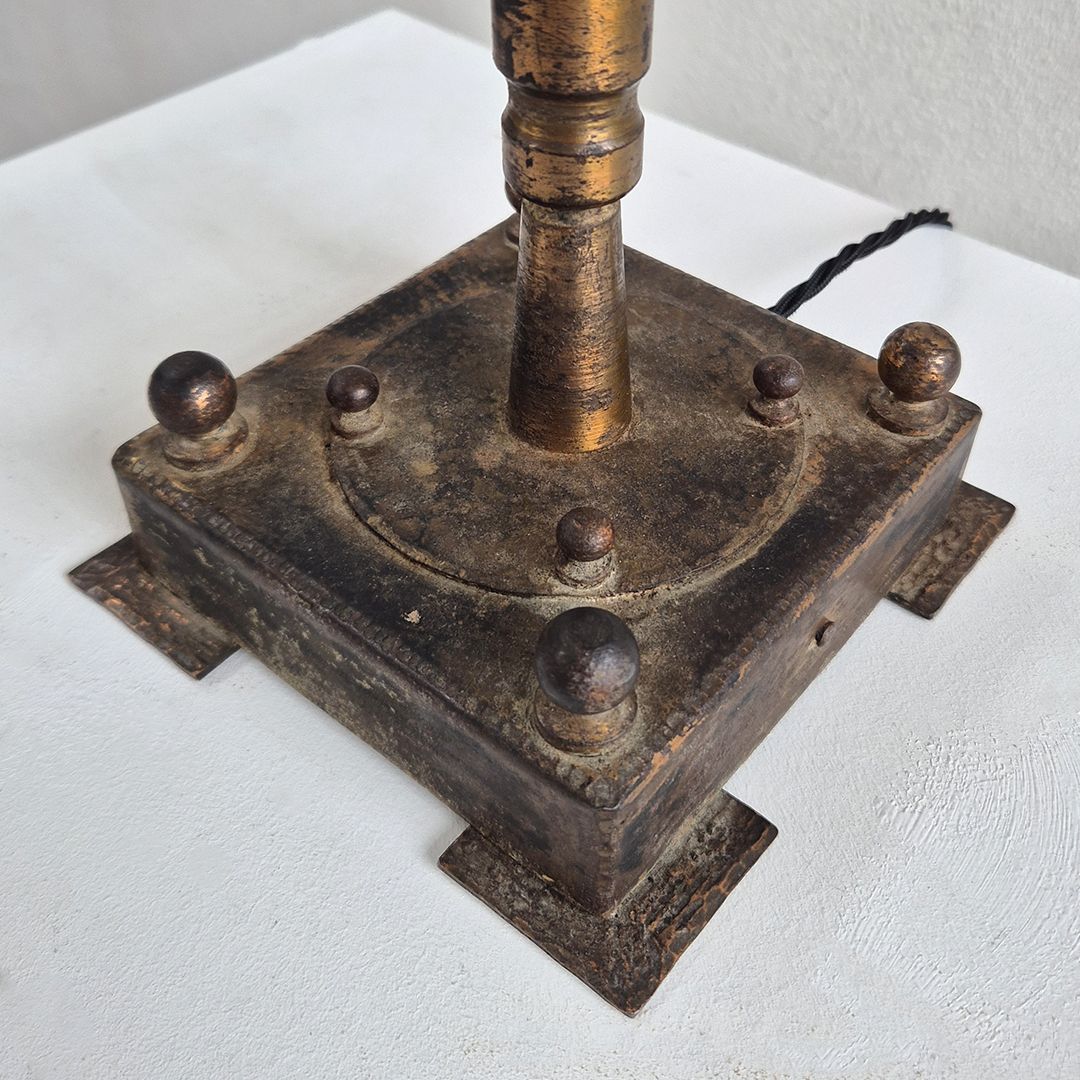 Art Nouveau Brass Table Lamp W/ Glass Shade: Belgian Mid Century Brutalist Style photo furniture