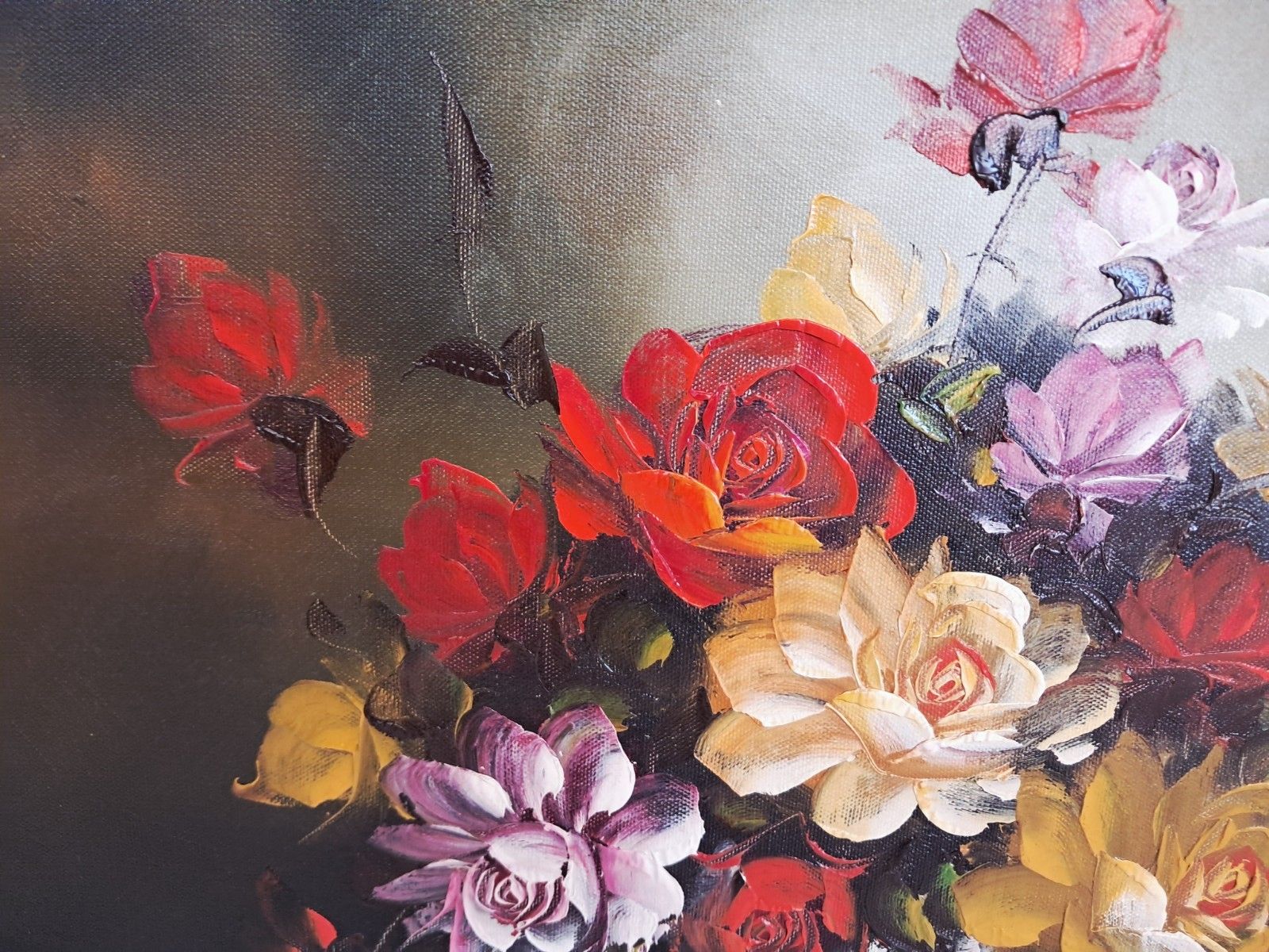 photo for sale Vintage Still Life Floral Oil Painting Canvas Flowers On Table Gilt Gold Frame