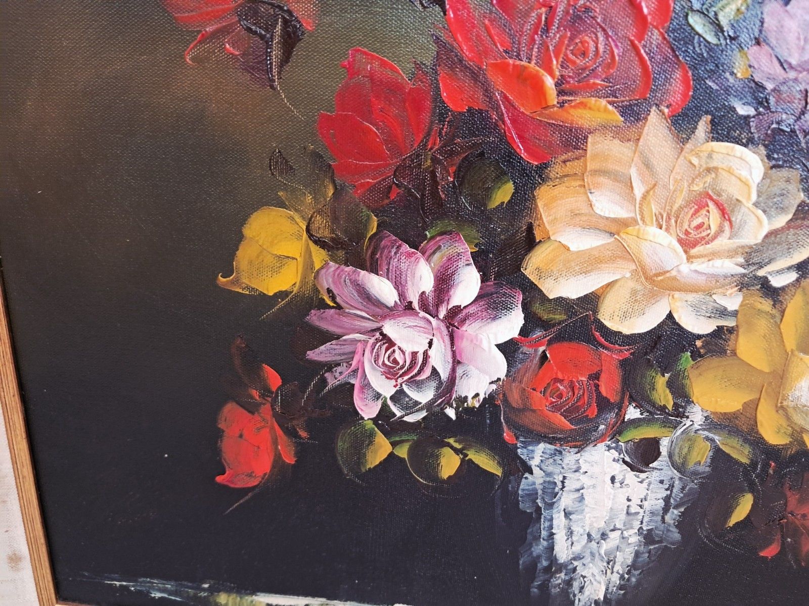 photo buy Vintage Still Life Floral Oil Painting Canvas Flowers On Table Gilt Gold Frame