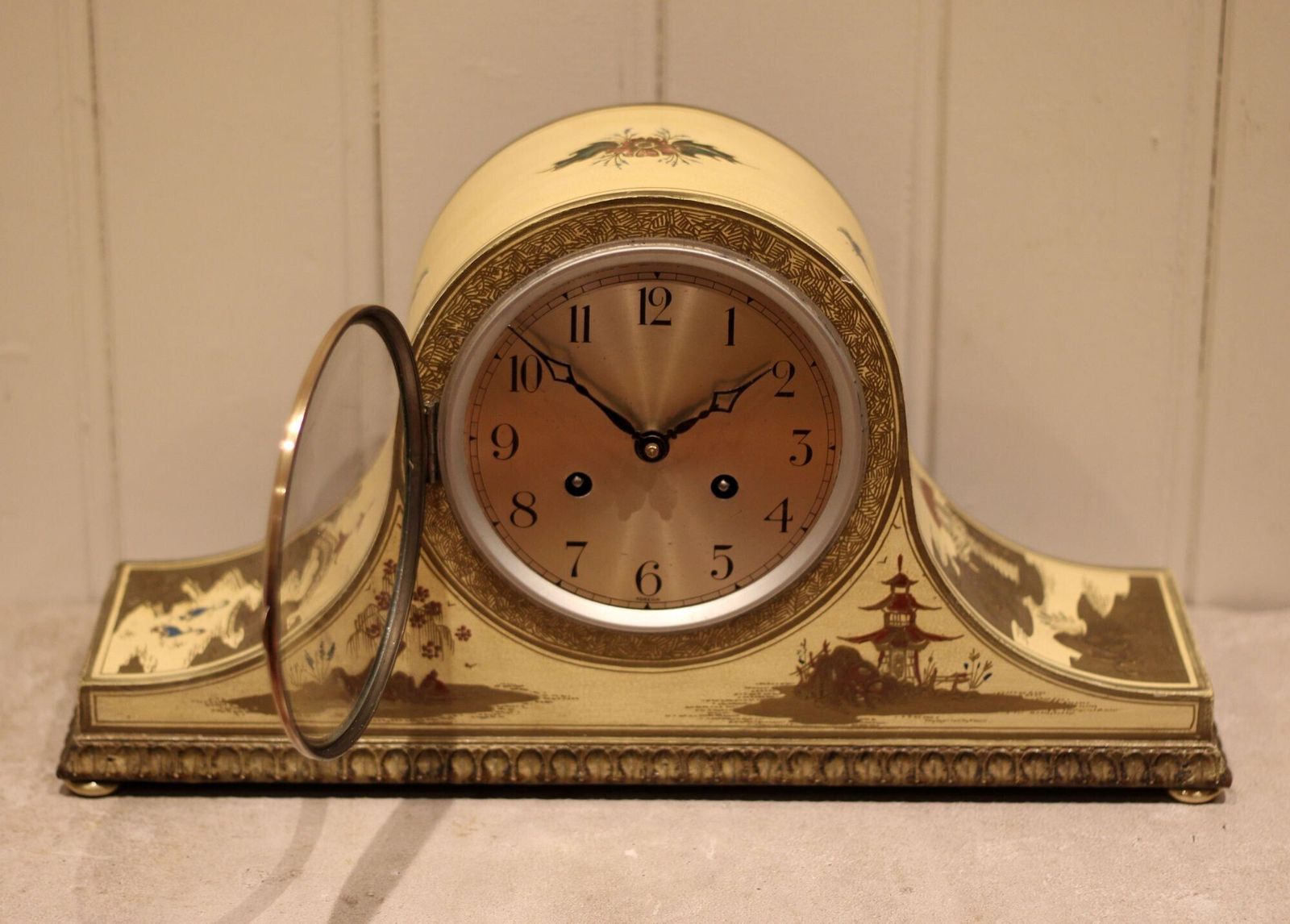 Cream Chinoiserie Mantel Clock photo vintage