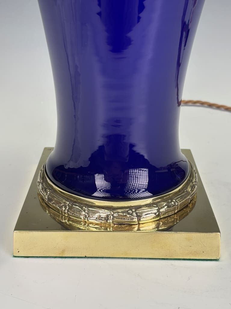 19th Century Colbot Ceramic Lamp (Converted From Oil Lamp) – Cobalt Blue & Gilded Brass photo vinterior