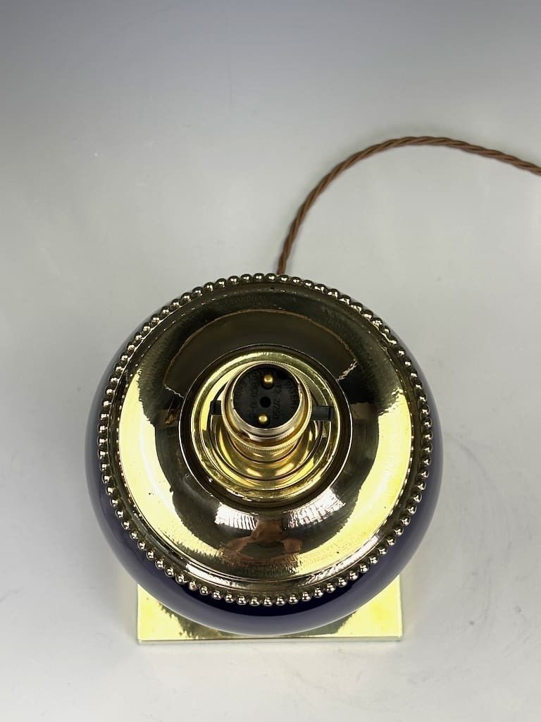 photo for sale 19th Century Colbot Ceramic Lamp (Converted From Oil Lamp) – Cobalt Blue & Gilded Brass