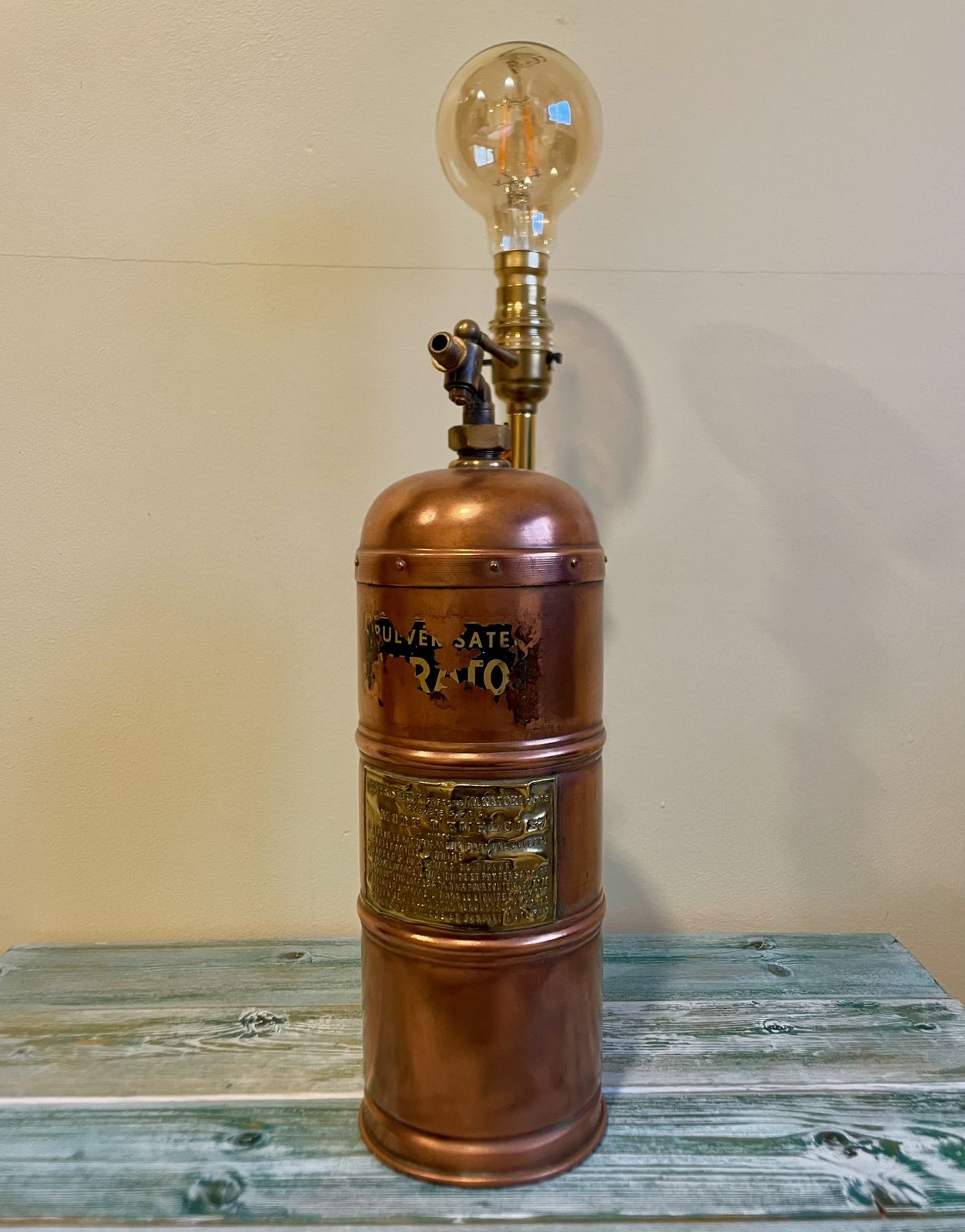 Antique Copper & Brass French Pulverisateur Systeme Muratoriori Vine Sprayer Table Light photo furniture