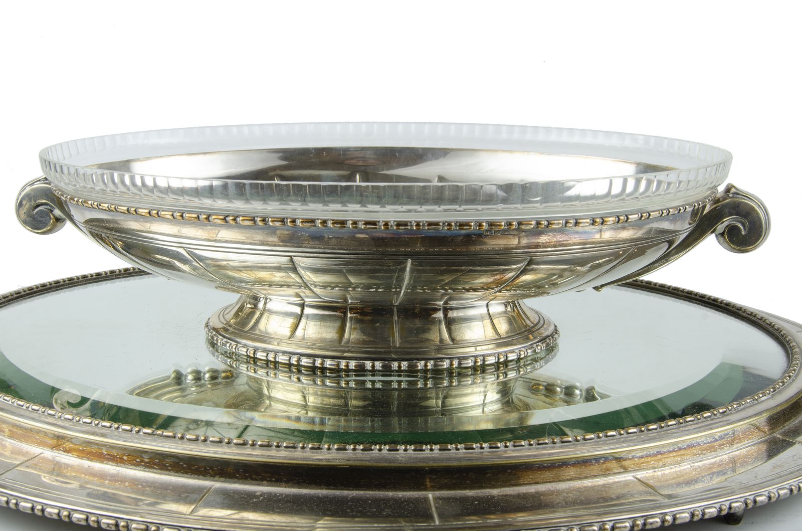 1930s Art Déco Silver Plated Metal And Glass Oval Centerpiece Bowl By Bafico, France photo furniture