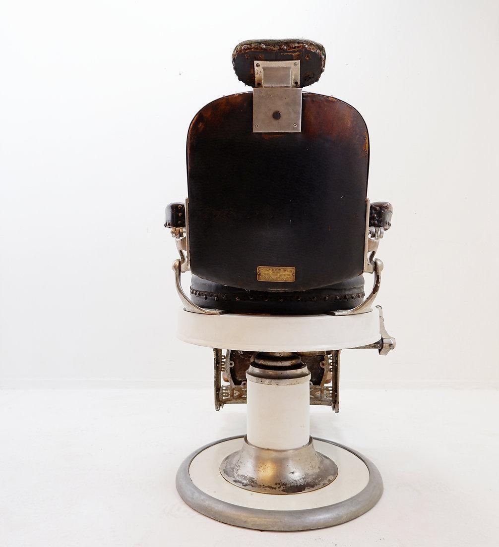 photo furniture Koken Original Brown Leather & White Enameled Cast Iron Barber Chair, Circa 1918