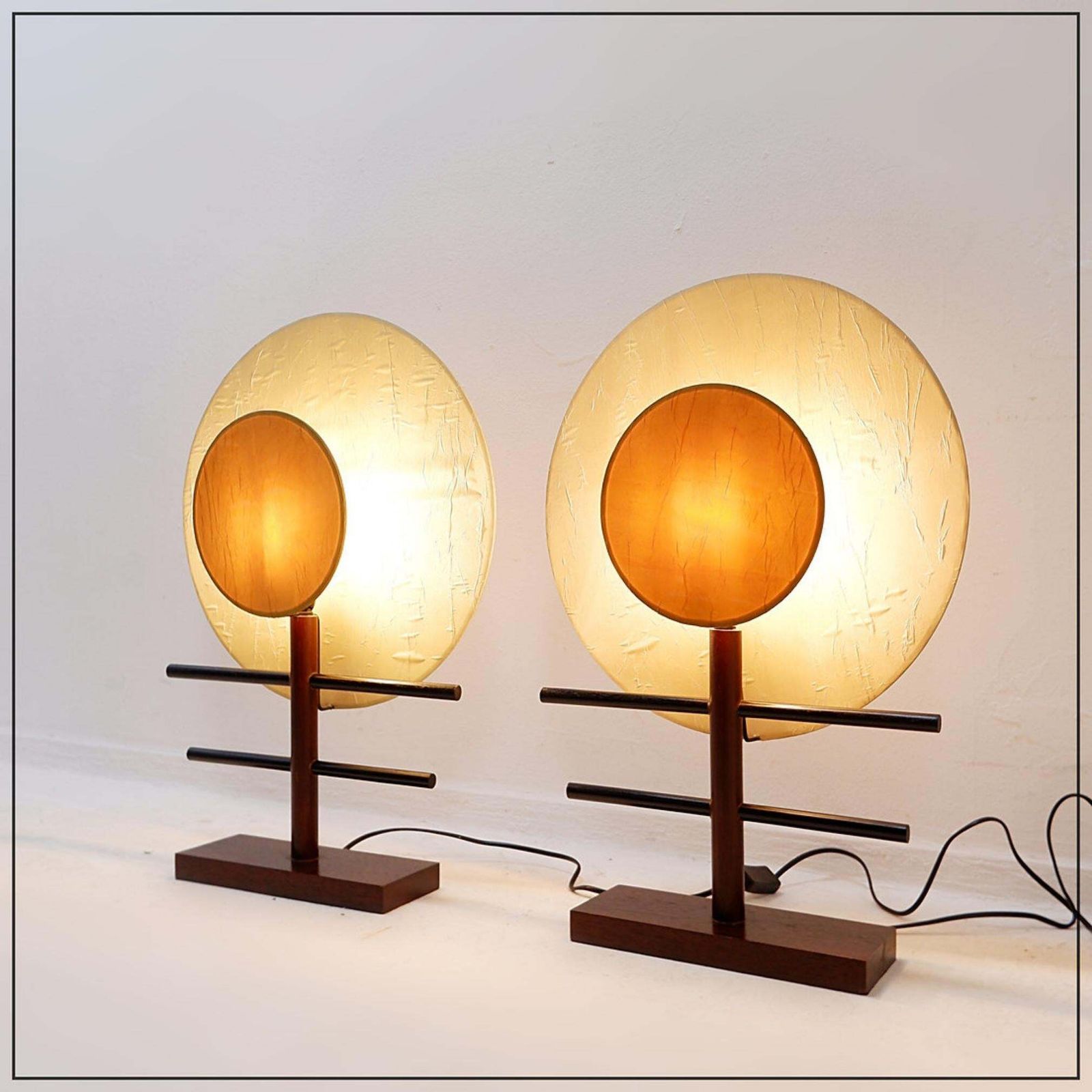 1980s Boho Style Minimalist Table Lamps Pair In Wood And Silk Fabric photo buy
