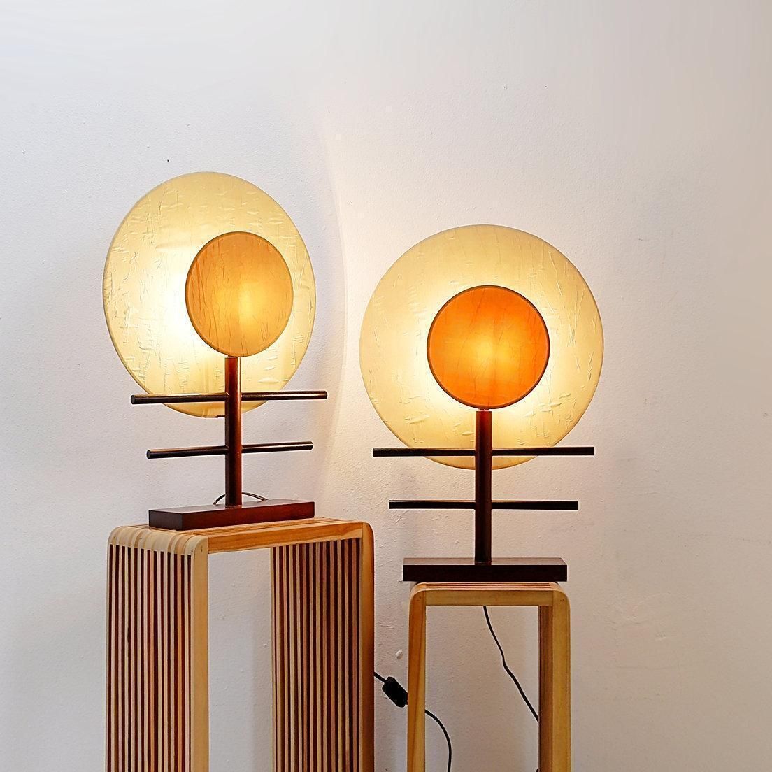 photo furniture 1980s Boho Style Minimalist Table Lamps Pair In Wood And Silk Fabric