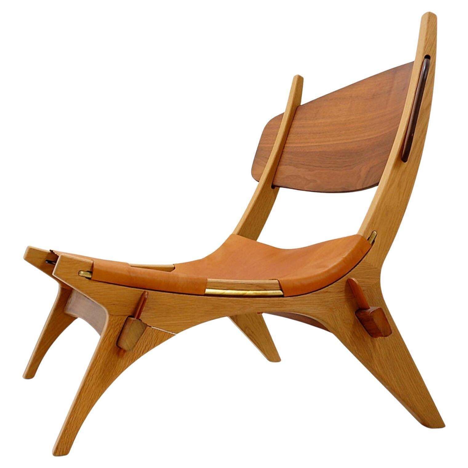 Vintage Scandinavian Style Lounge Chair In Wood And Leather