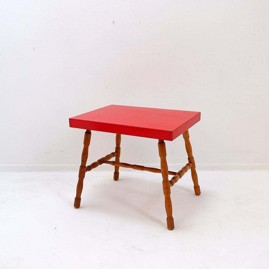 Small Side Table With Turned Legs And Red Top   Josco, Made In Belgium   1950s photo vintage