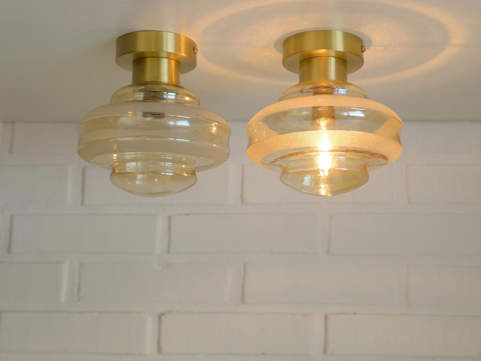 Set Of 2 Vintage Amber Glass Sconces   Mid Century Modern Brass Flush Mount Lights