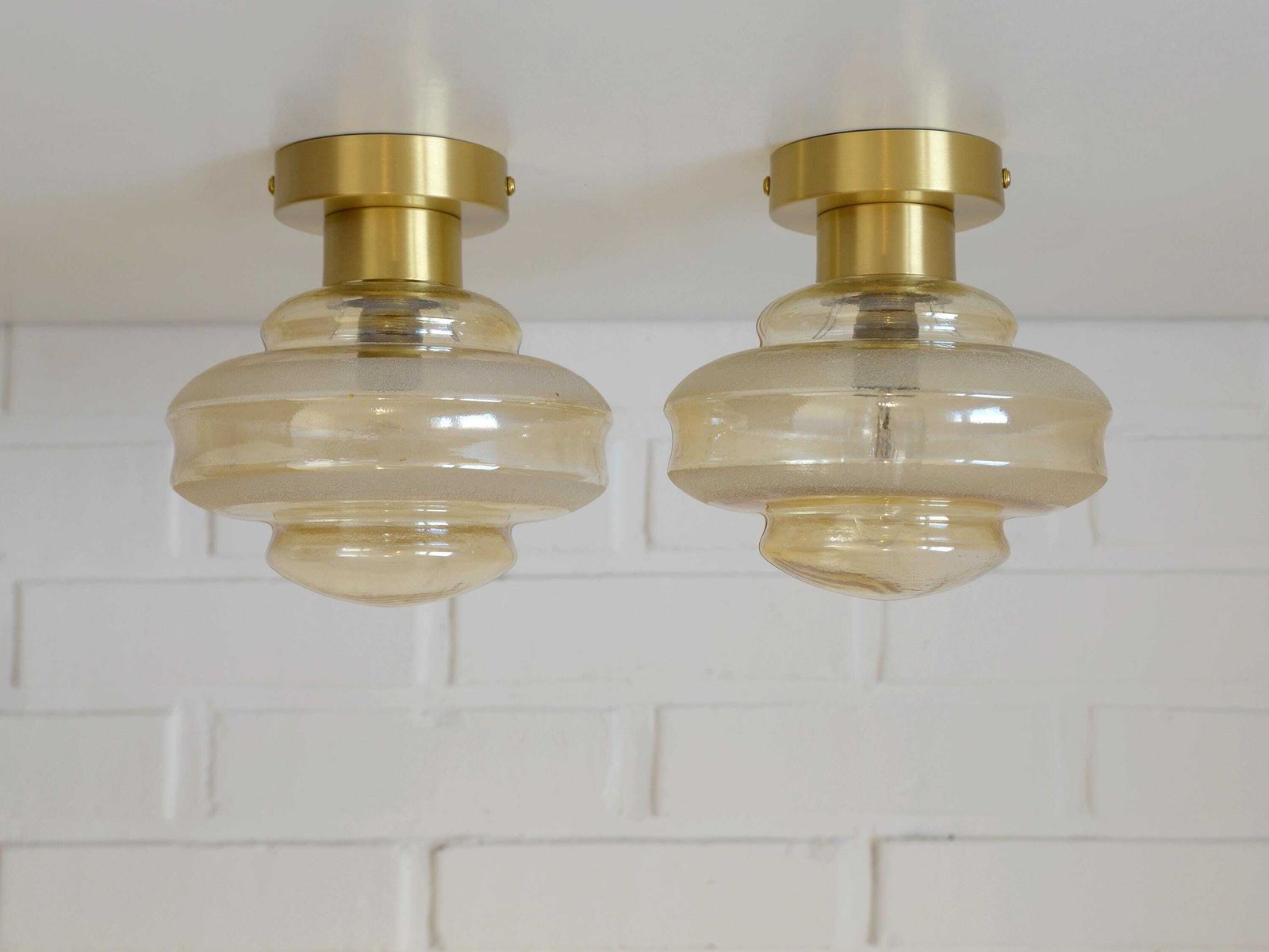 Set Of 2 Vintage Amber Glass Sconces   Mid Century Modern Brass Flush Mount Lights photo furniture