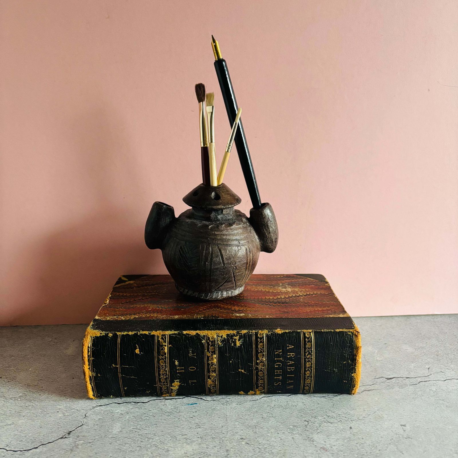Rare African Carved Clay Inkwell Pot photo furniture