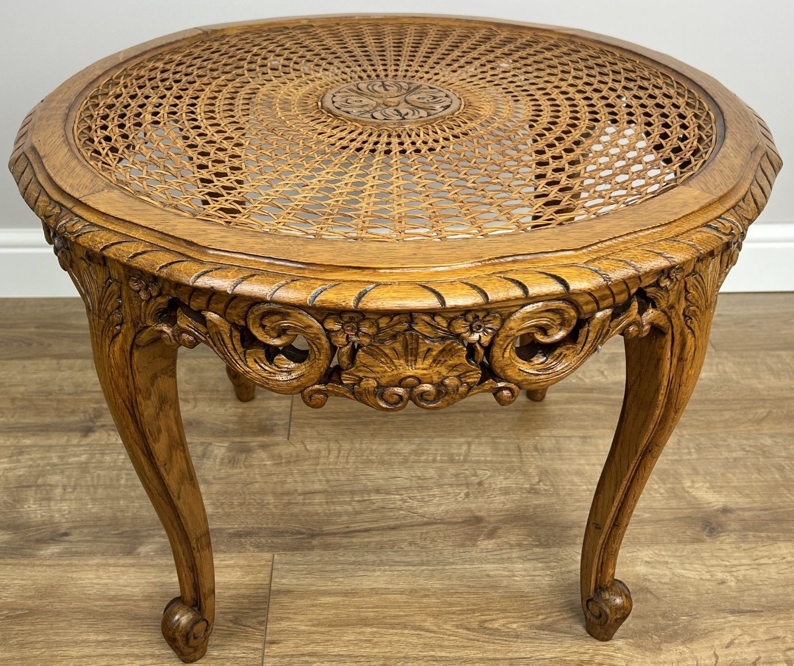 Coffee Table Vintage French Louis Style Oak Carved Cane Top Side Table Lot 4865