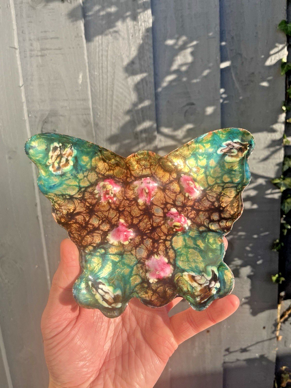 Vintage Brutalist 60's Copper Pink Cabochon Butterfly Enamel Trinket Pin Dish photo buy