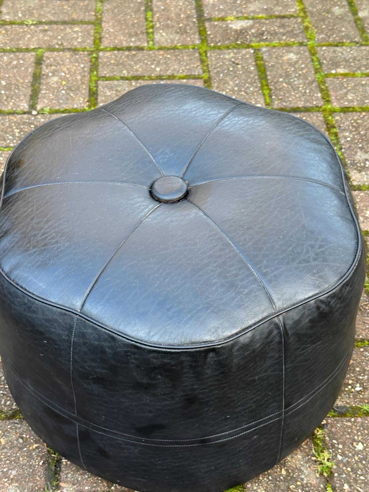 photo for sale Rare Flower Shaped Vintage Sherborne Leatherette Pouffe Footstool Black Mid Century Ottoman Lounge Accent Stool