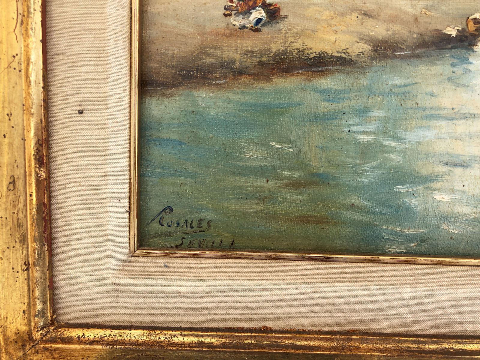 Carlota Rosales Martínez De Pedrosa Andalusian River Landscape Seville Guadalquivir Scene Figures Spanish Oil 1940 photo for sale