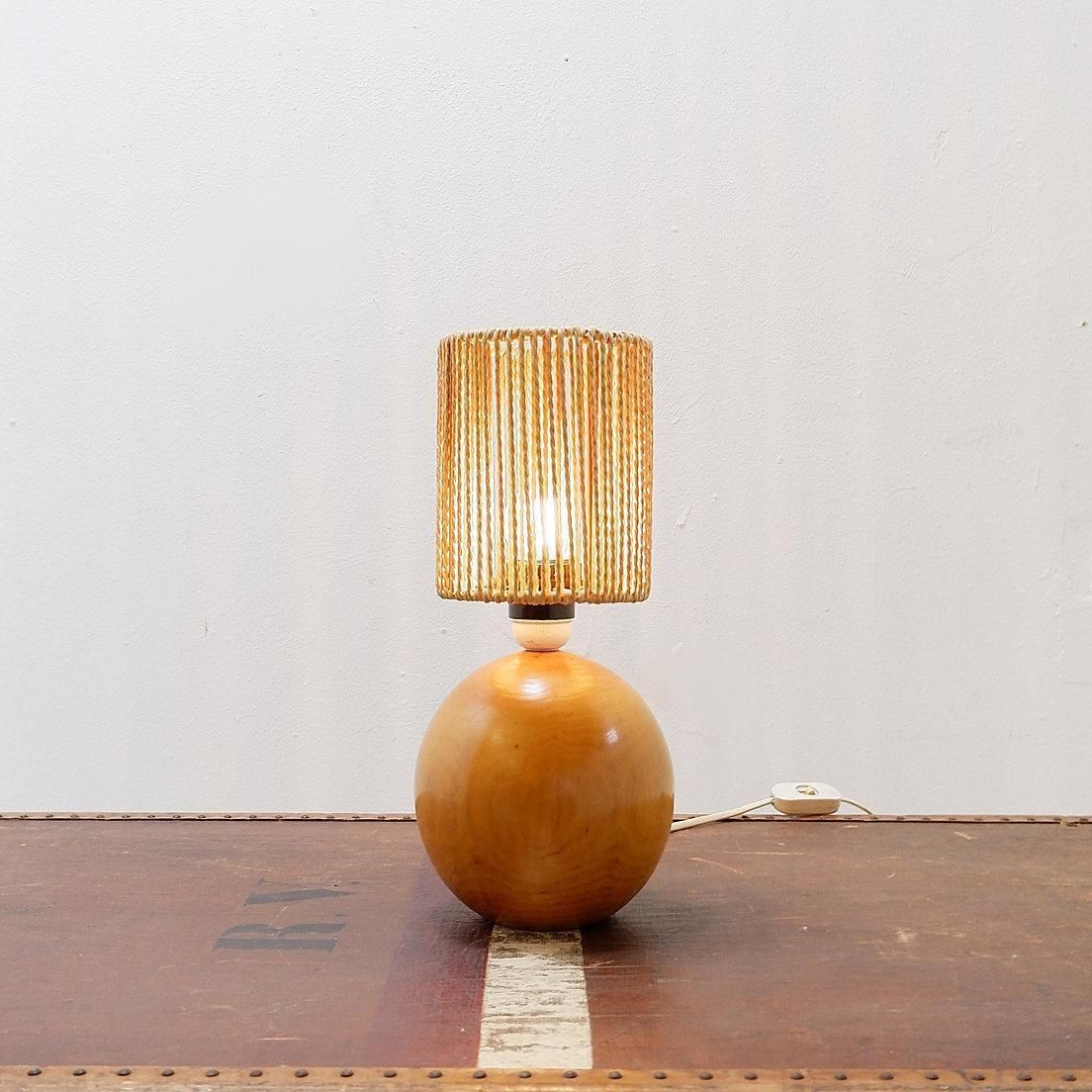 photo for sale Vintage Bohemian Bedside Or Table Lamp In Wood & Rope   1970s