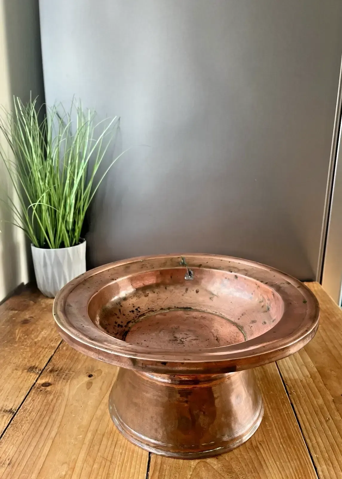 Antique Arts & Crafts Heavy Copper Pedestal Fruit Bowl Basin Tazza Stand Rustic