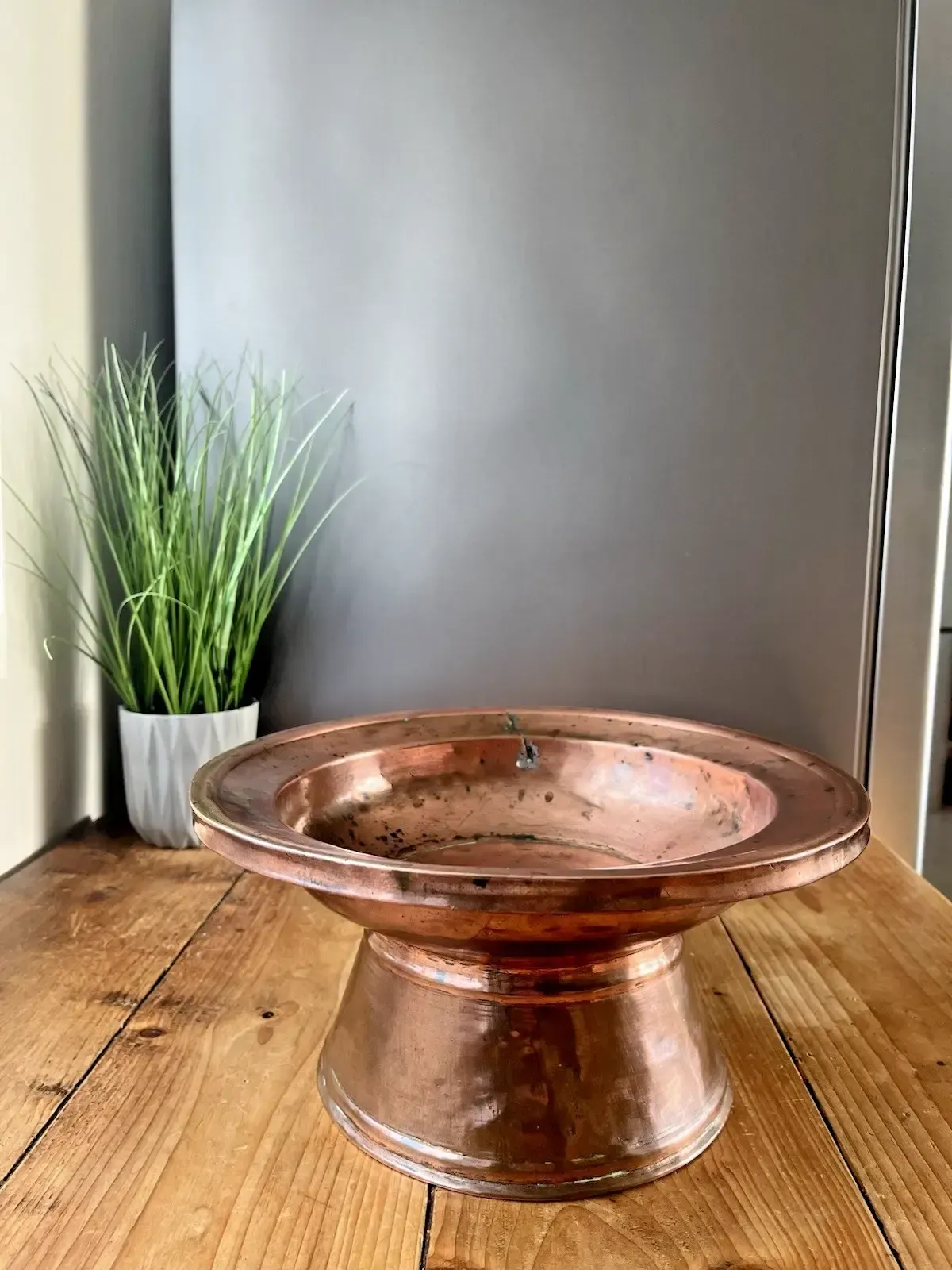 Antique Arts & Crafts Heavy Copper Pedestal Fruit Bowl Basin Tazza Stand Rustic photo furniture
