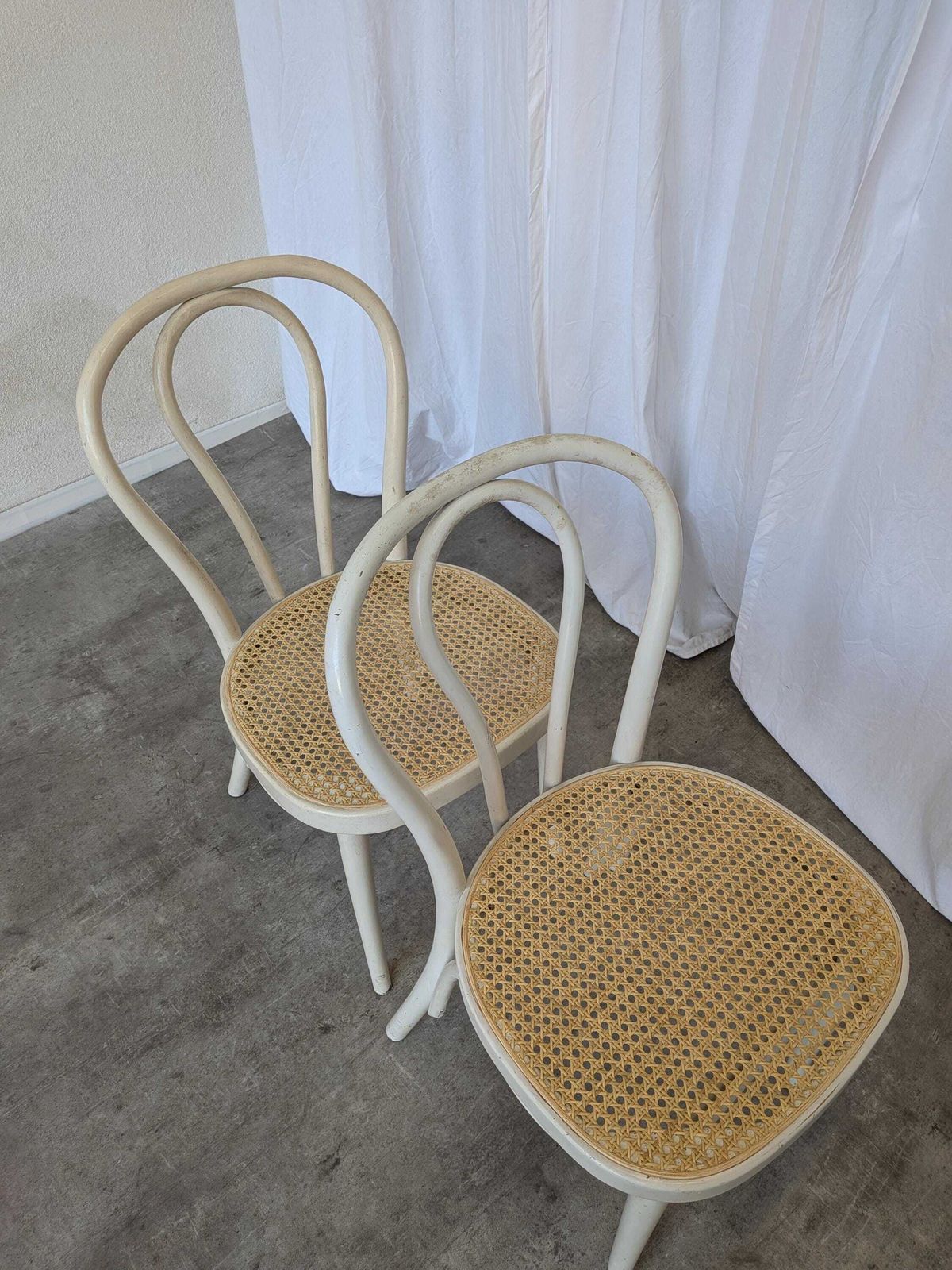 photo for sale Set Of 2 Vintage White Bentwood Chairs, Thonet Style Cane Seat