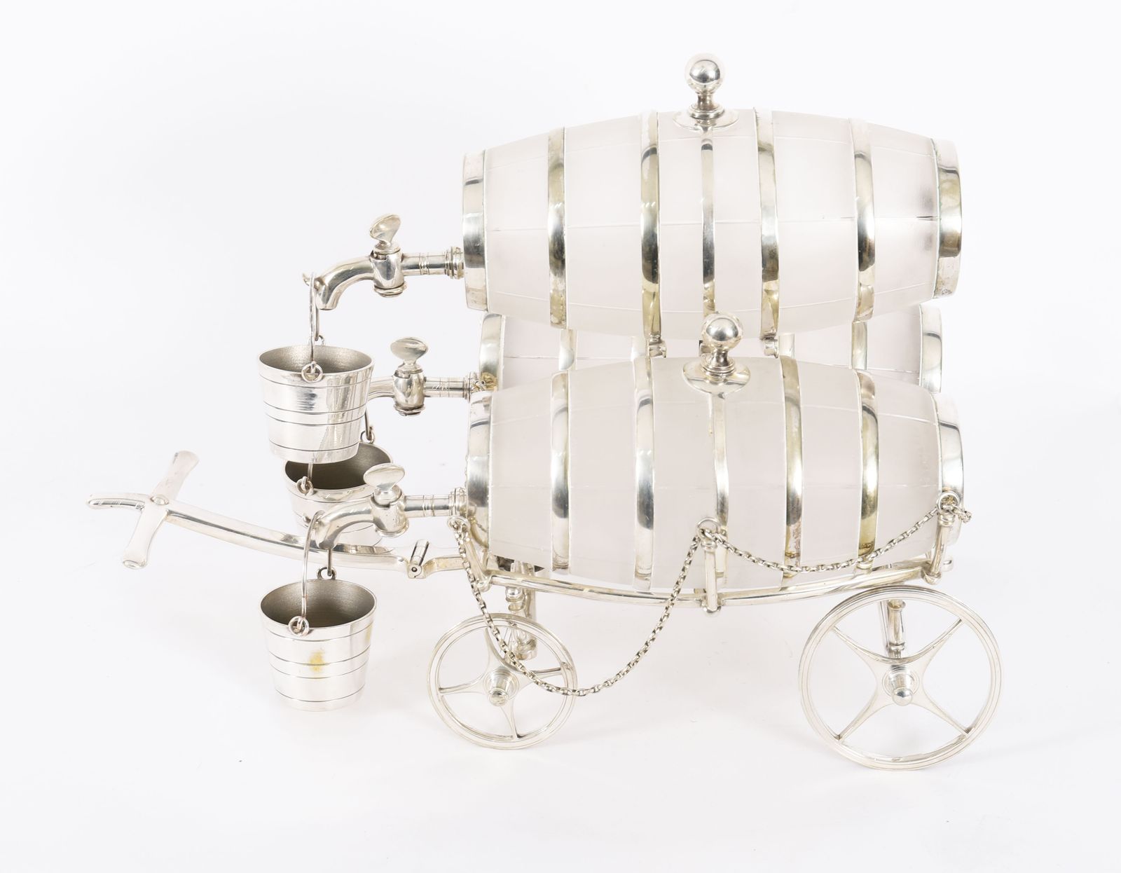 Antique Silver Plated Three Frosted Crystal Barrel Dispensers & Tot Pails 19thc photo furniture