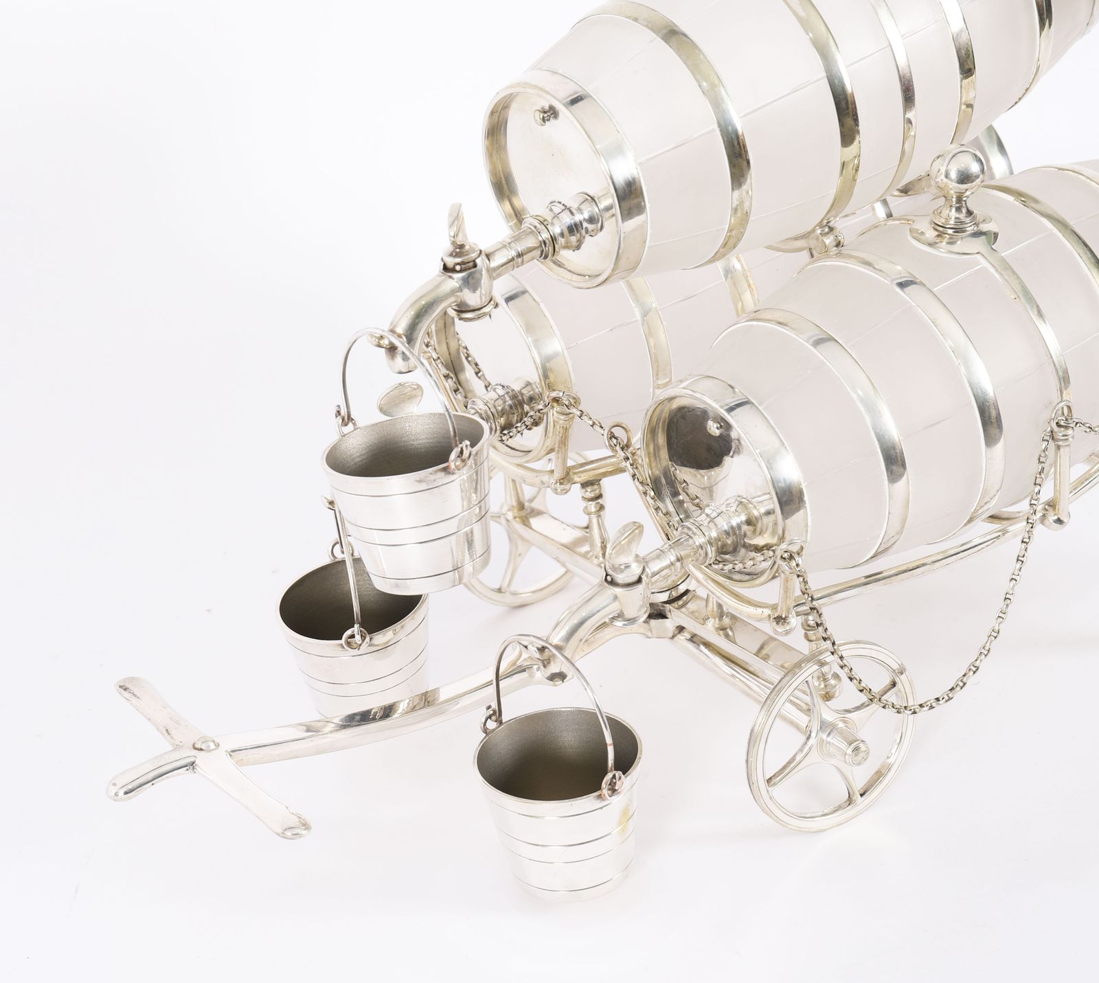 photo furniture Antique Silver Plated Three Frosted Crystal Barrel Dispensers & Tot Pails 19thc