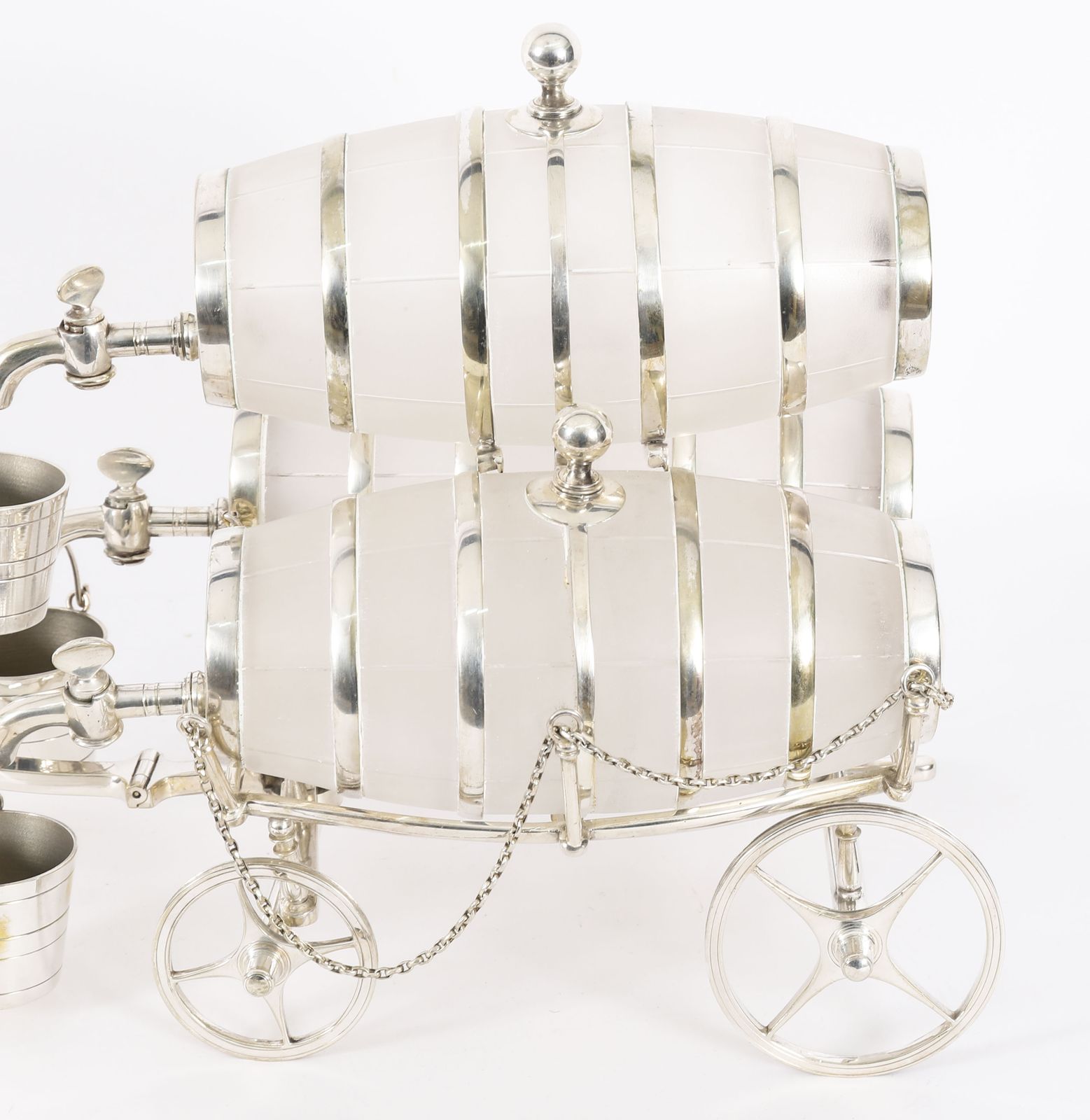 2500.0 Antique Silver Plated Three Frosted Crystal Barrel Dispensers & Tot Pails 19thc photo