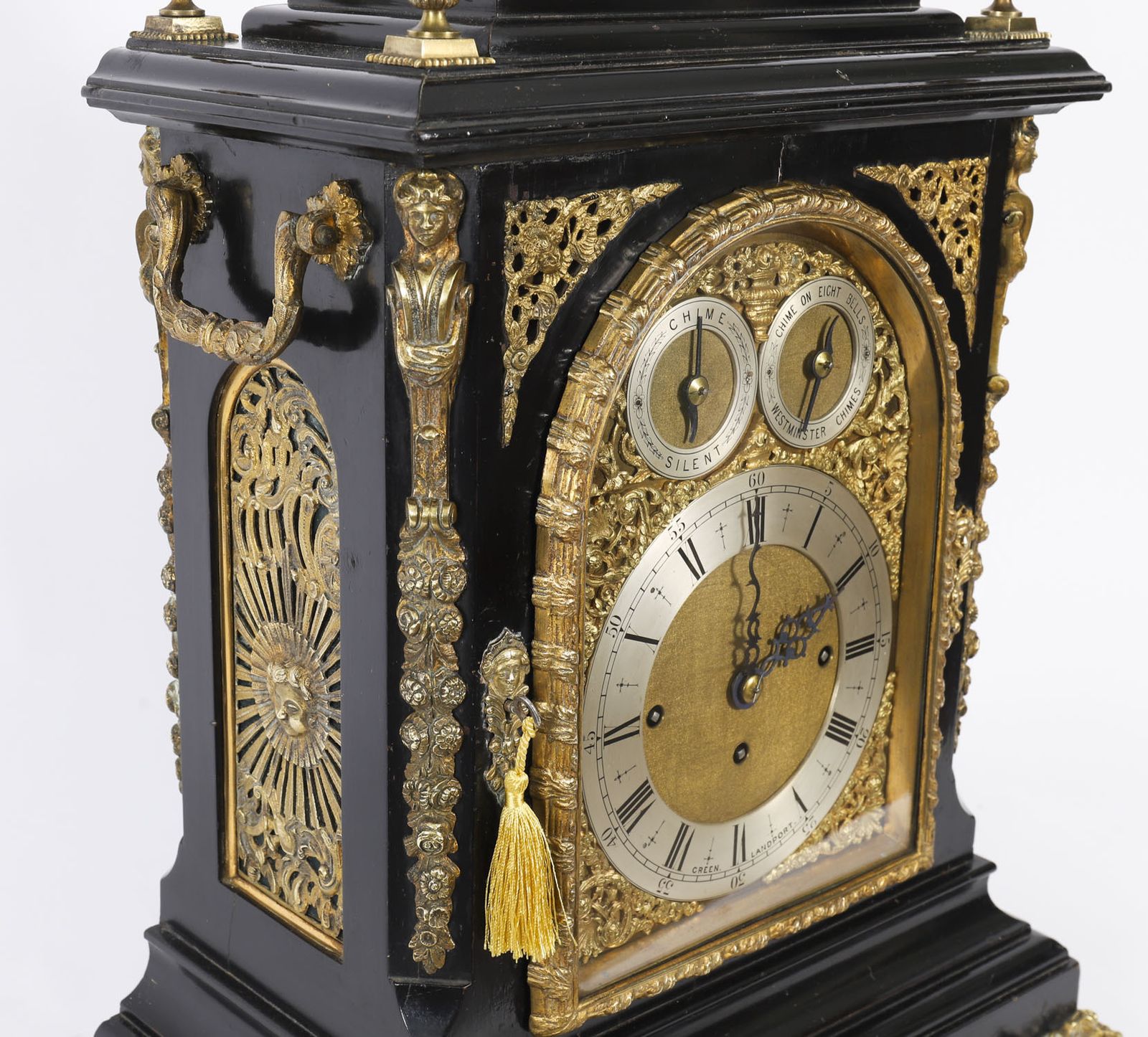 photo for sale Antique Ormolu Mounted Ebonised Gilt Bronze Chiming Mantel Clock C1860