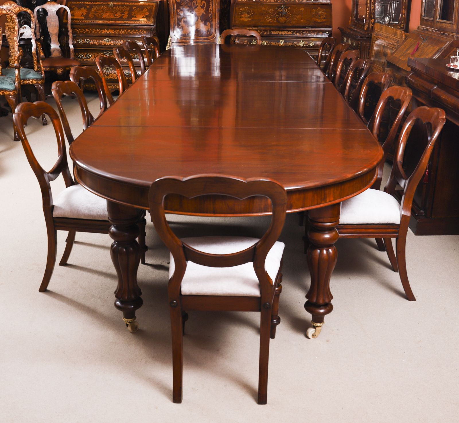 Antique 19th C 16ft Flame Mahogany Extending Dining Table & 16chairs photo furniture
