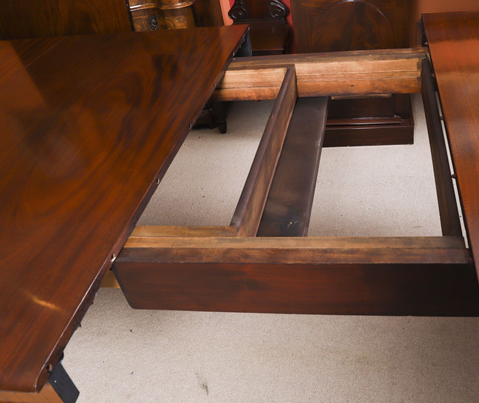 photo buy Antique 19th C 16ft Flame Mahogany Extending Dining Table & 16chairs