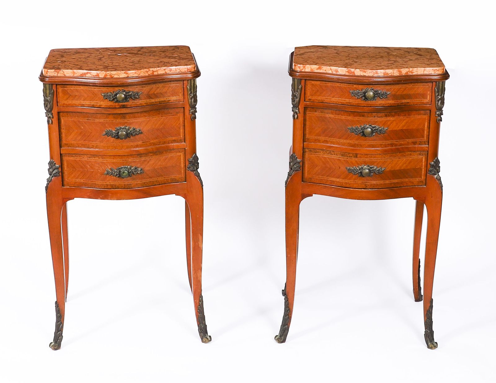 Antique Pair French Louis XV Parquetry Bombe Bedside Cabinets 19th C photo furniture