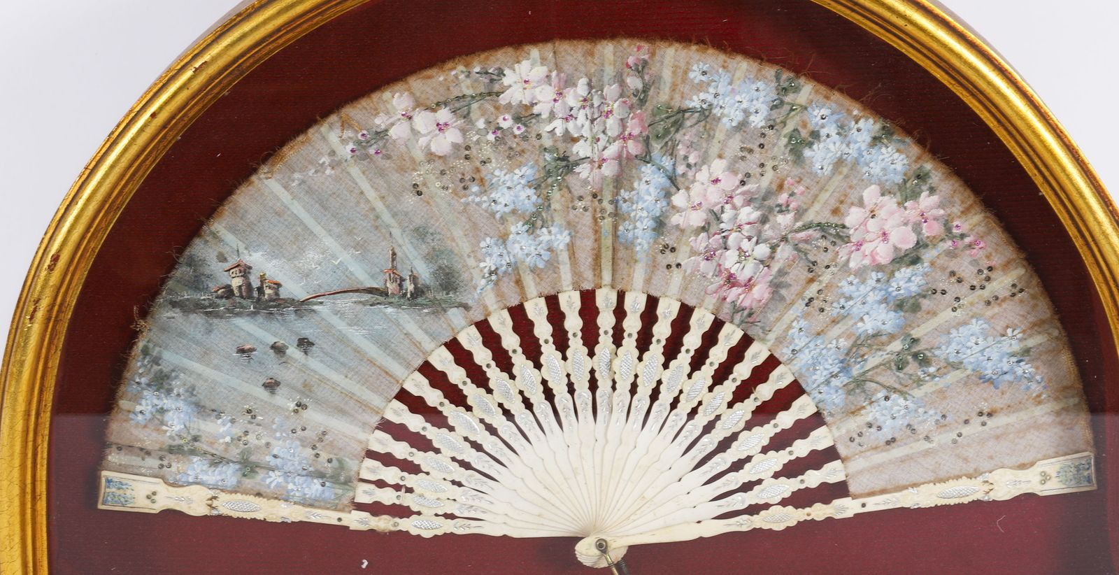 Antique French Framed Hand Painted Silk Fan Gilded Box Frame Late 18th Century photo Art