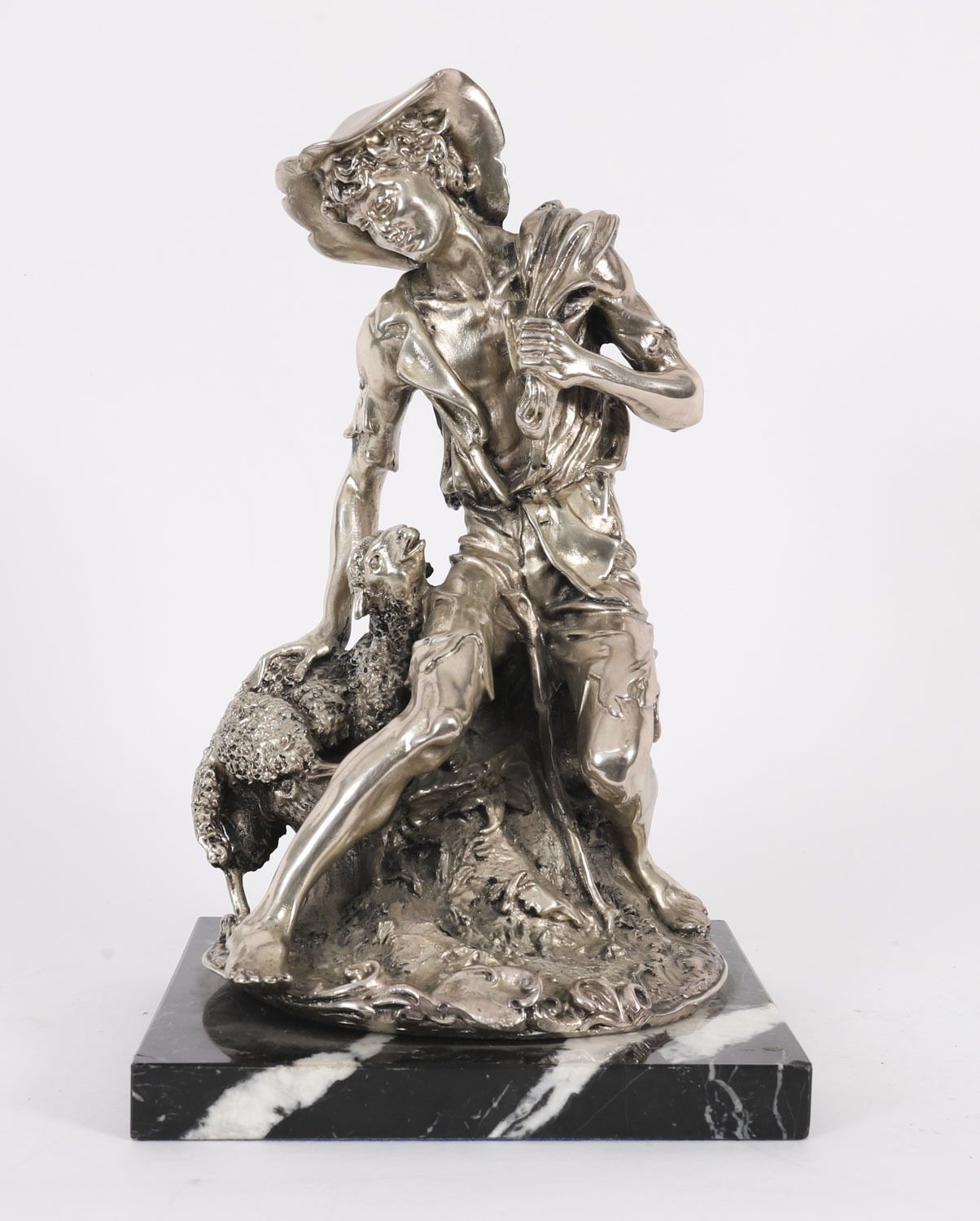 Antique Italian Silvered Bronze Sculpture Shepherd And Lamb 19th C photo furniture