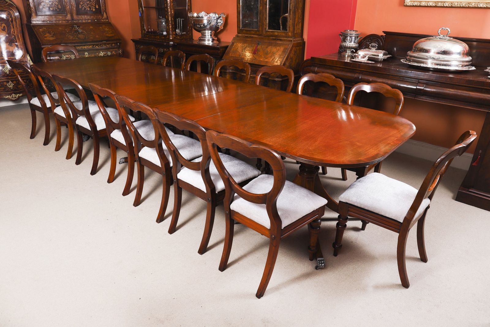 13ft Regency Triple Pillar Dining Table 20th C & 16 Antiquechairs 19th C