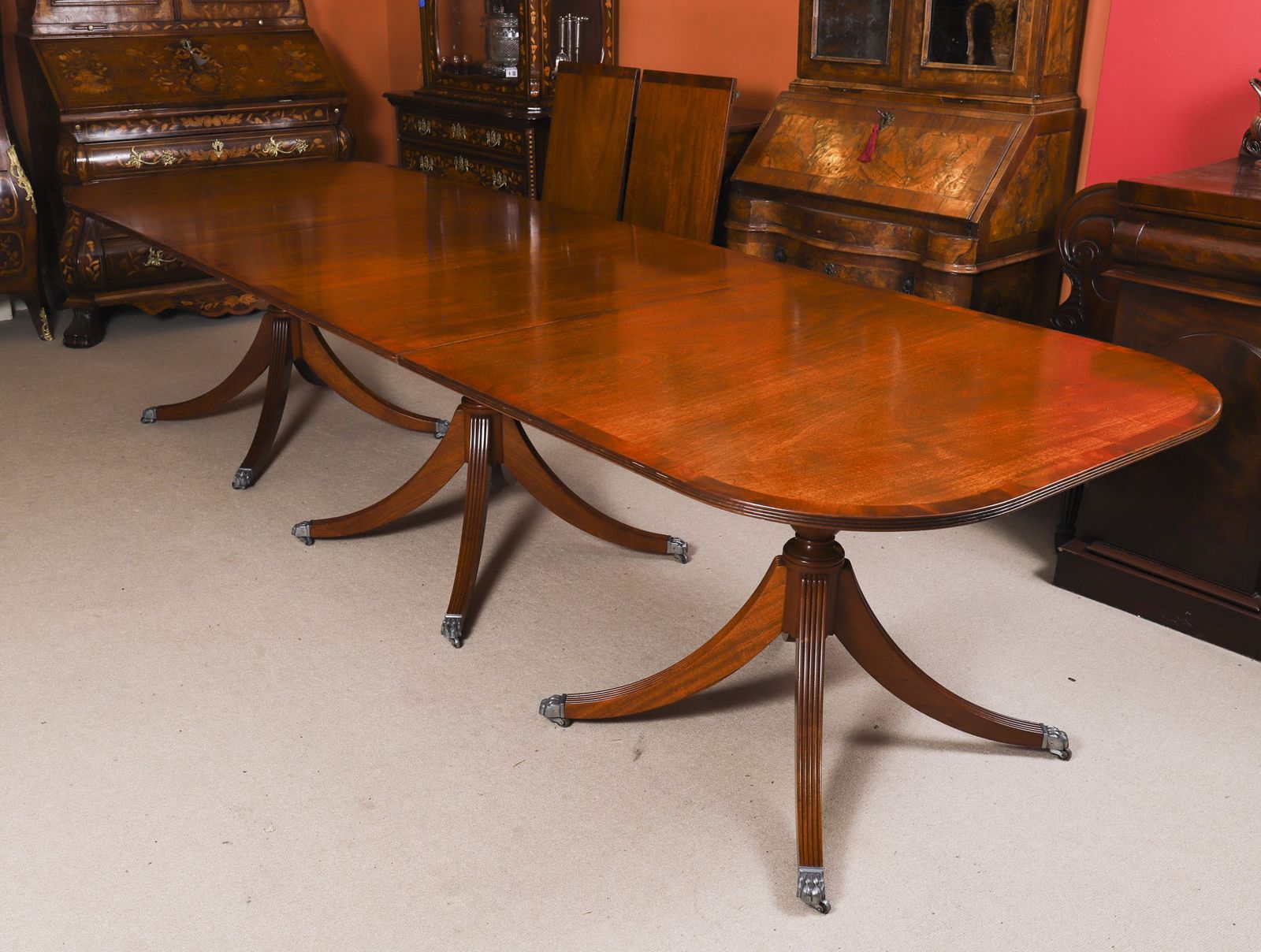 13ft Regency Triple Pillar Dining Table 20th C & 16 Antiquechairs 19th C photo buy