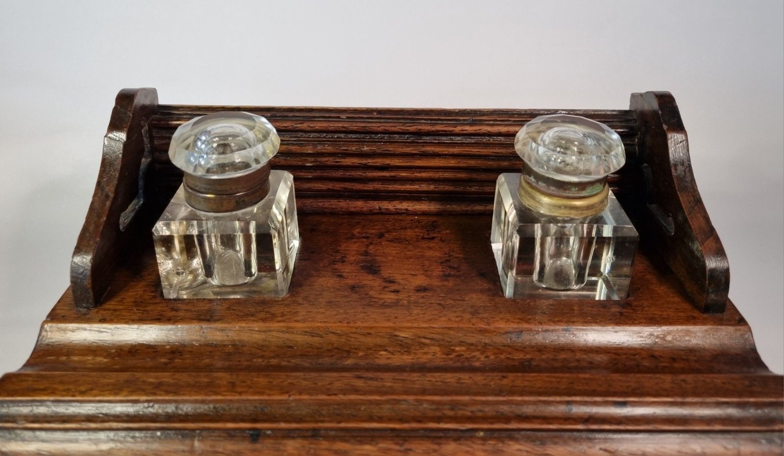 Antique Wooden Galleried Desk Tidy Glass Inkwells Drawer Stationary Stand Box photo for sale