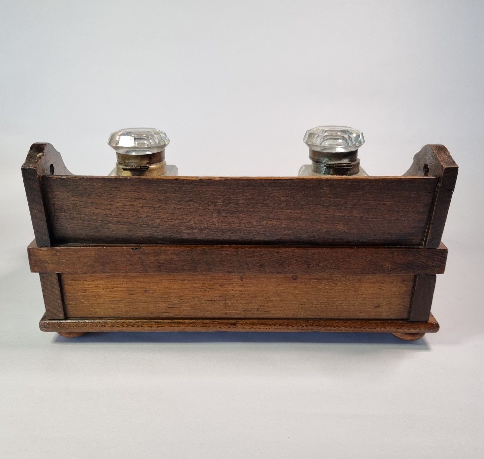 photo furniture Antique Wooden Galleried Desk Tidy Glass Inkwells Drawer Stationary Stand Box