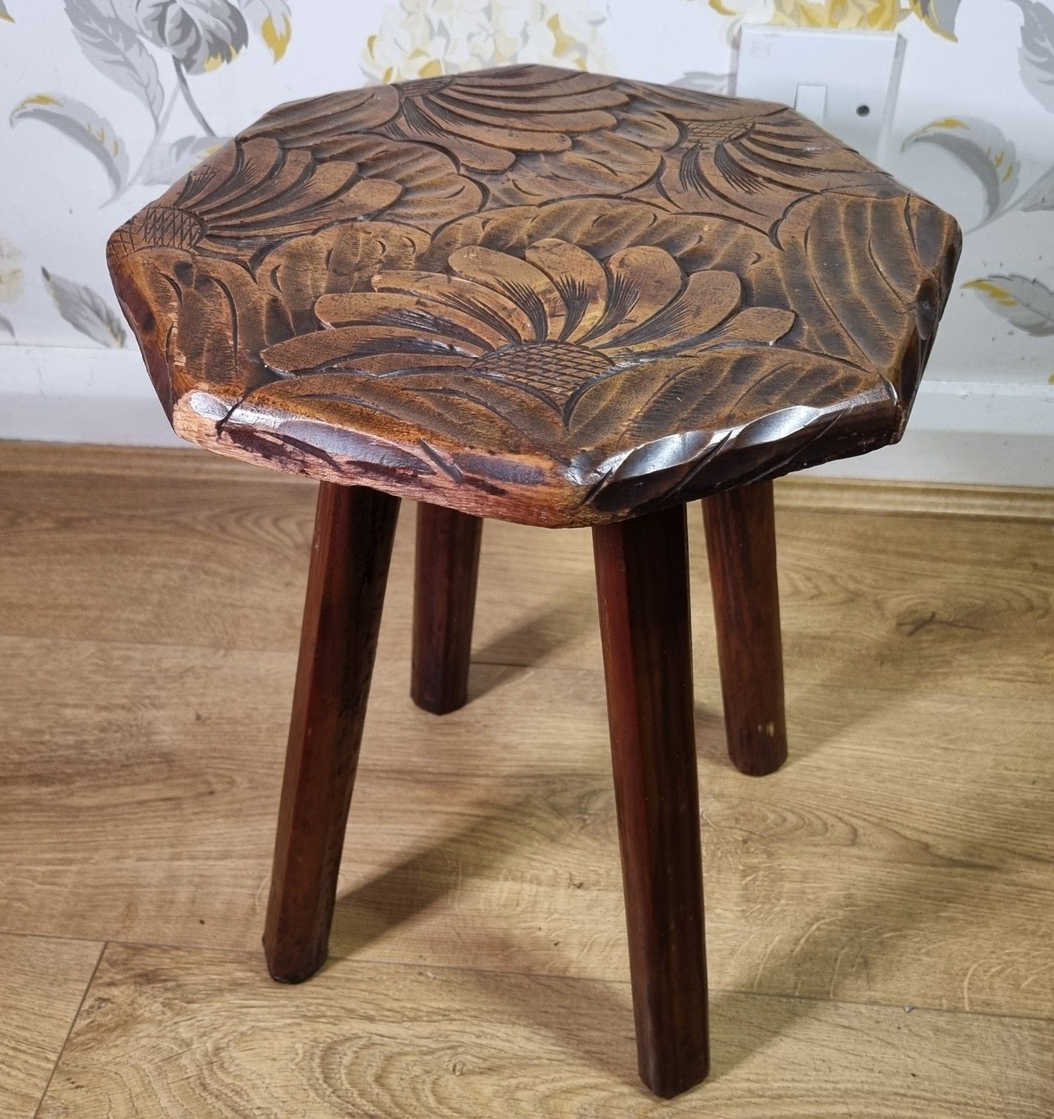 Vintage Wooden Stool Stand Arts & Crafts Libertys Japanese Floral Carved Top