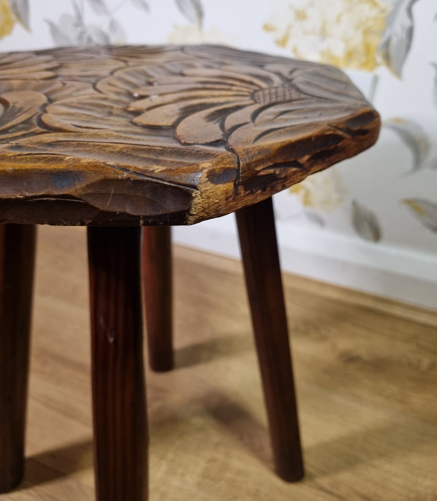 photo vintage Vintage Wooden Stool Stand Arts & Crafts Libertys Japanese Floral Carved Top
