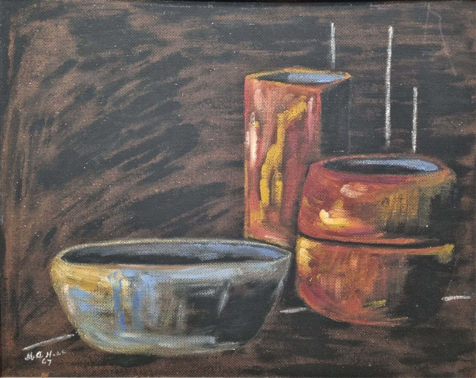 Vintage Framed Still Life Arcylic Painting On Board Bowl Pots Signed Mid Century photo furniture