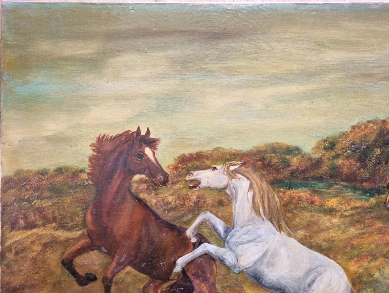 Large Vintage Oil Painting On Canvas Horses On Moorland Landscape Mid Century photo 95.0