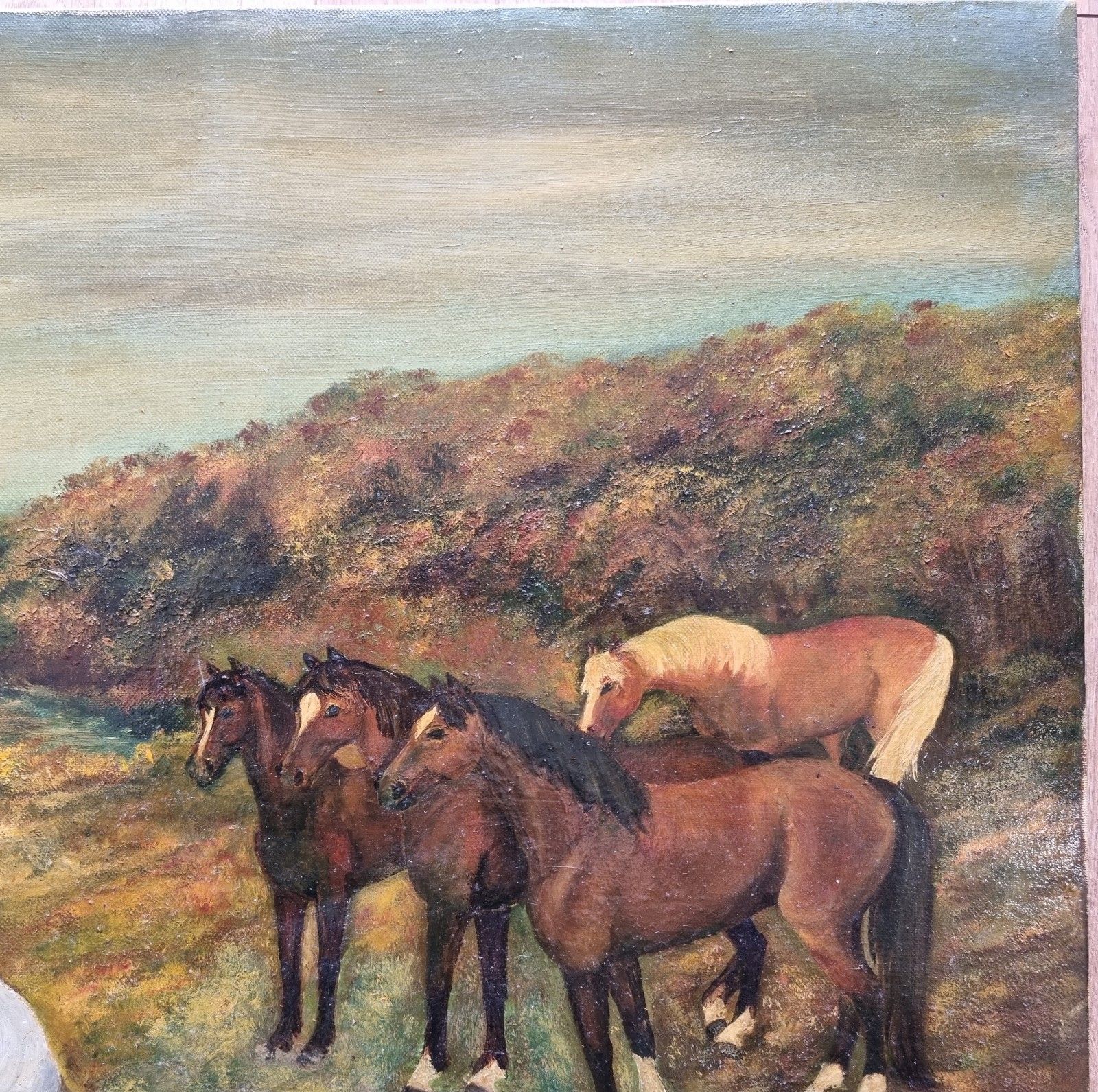 Large Vintage Oil Painting On Canvas Horses On Moorland Landscape Mid Century photo vinterior