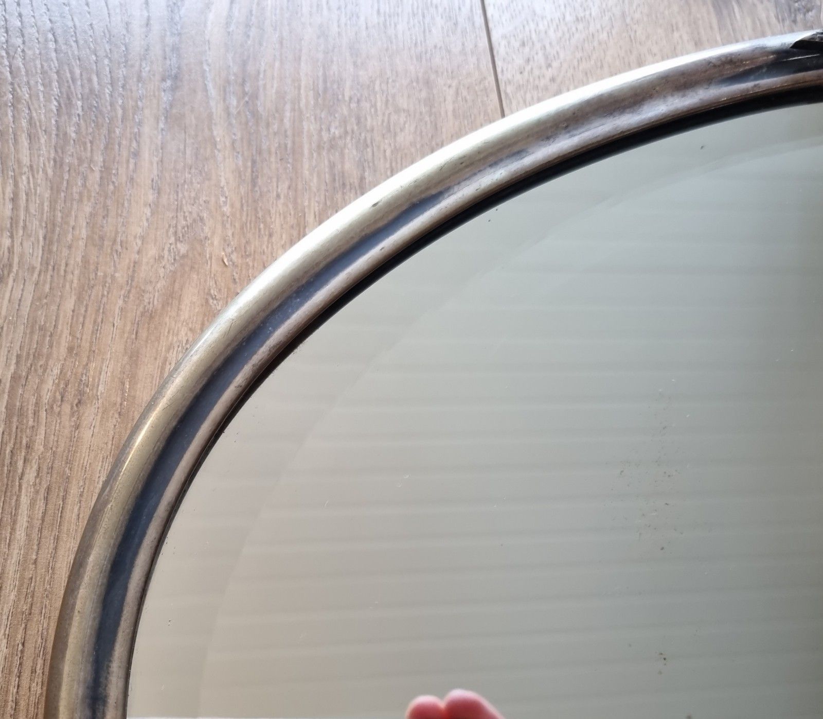 Early 20th Century Oval Silver Tone Metal Mirror Ornate Crest Bevelled Edge photo vintage