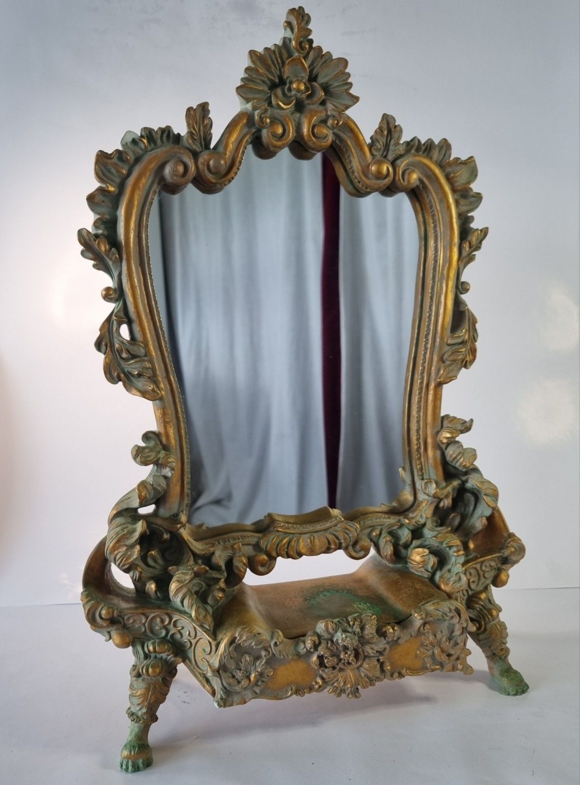 Small Ornate Gold Resin Dressing Table Mirror Freestanding Paw Feet Rococo Style