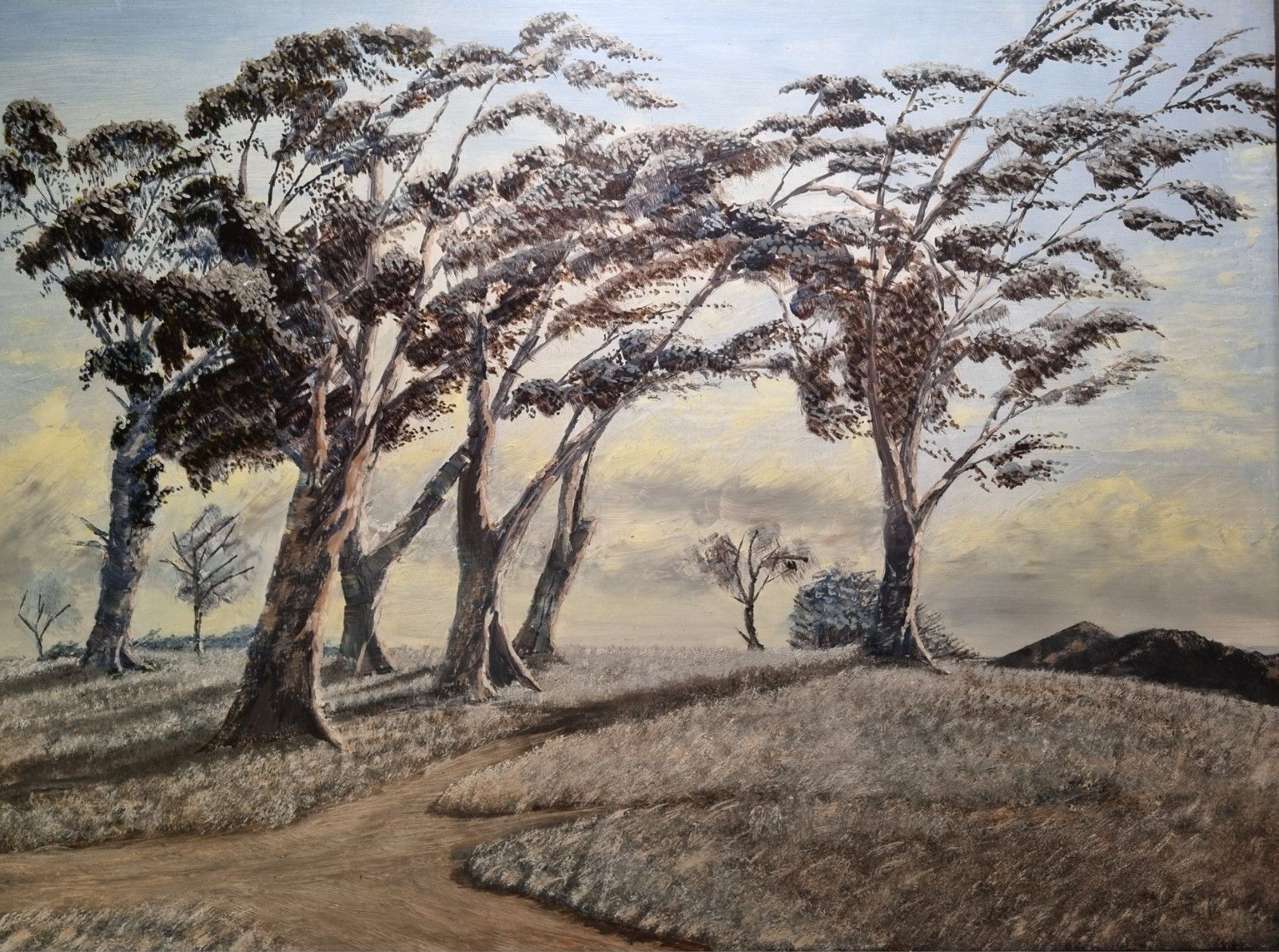 Framed Painting Oil On Board Landscape Trees On Hilltop Unsigned 41 X 54 Cm photo for sale