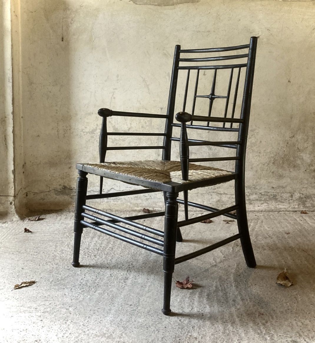 Ebonised Rush Seated Armchair By Ford Madox Brown